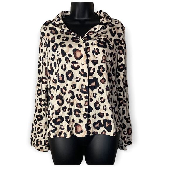 Nwt Stars Above Cheetah Print Long Sleeve Button Down Pajama Sleep Soft Top - Picture 1 of 10